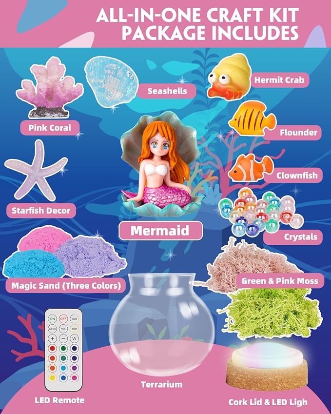 Light-Up Mermaid Terrarium Kit for Girls, DIY Arts & Crafts Gift for Girls Ages 4-6 7 8-12 Year Old, LED Night Light with Remote, Best Christmas Mermaid Birthday Decoration Toys Gifts for Girls Kid