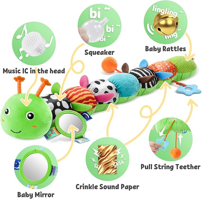 LIGHTDESIRE Baby Toys Musical Caterpillar,Infant Toys Stuffed Animals with Ruler Design,Mirror,Pull String&Ring Bell,Baby Teething Toys for Tummy Time Toys Newborn Gift 3 6 12 Months(Green,Leafy Limb)-CubbioBaby