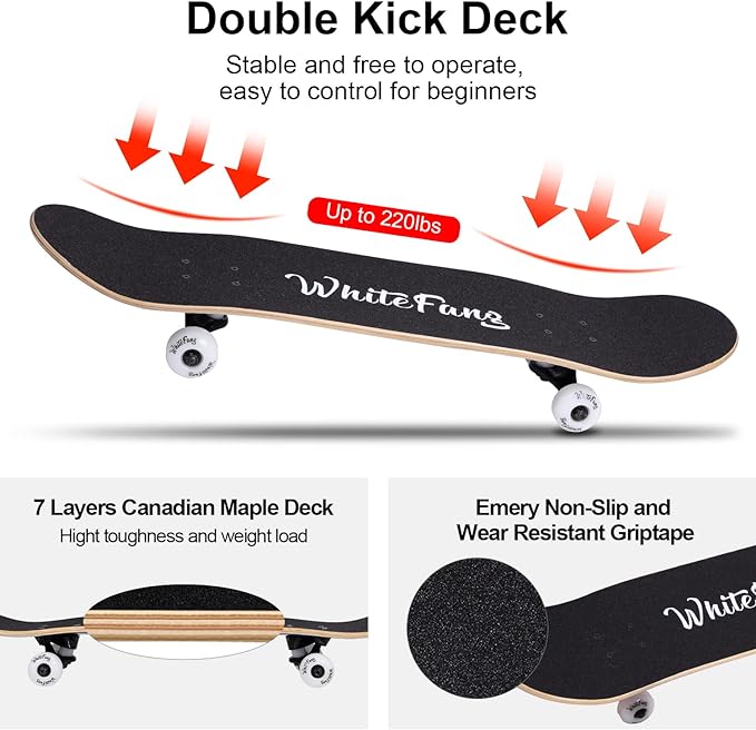 WhiteFang Skateboards for Beginners, Complete Skateboard 31 x 7.88, 7 Layer Canadian Maple Double Kick Concave Standard and Tricks Skateboards for Kids and Beginners-CubbioBaby