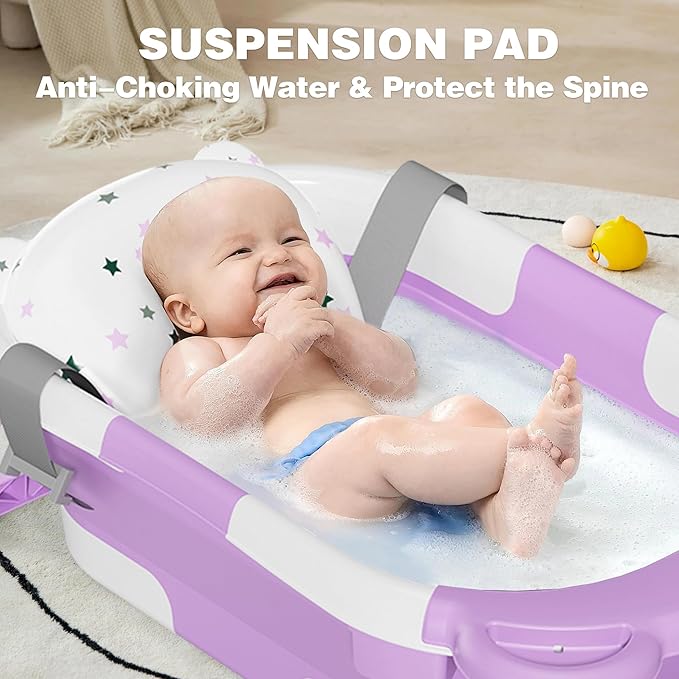 MoreFeel Collapsible Baby Bathtub for Newborn with Thermometer & 1 Hooded Towel & 1 Soft Floating Cushion,Portable Travel Bathtub with Drain Hole, Durable Foldable Baby Tubs for Infants to Toddler-CubbioBaby