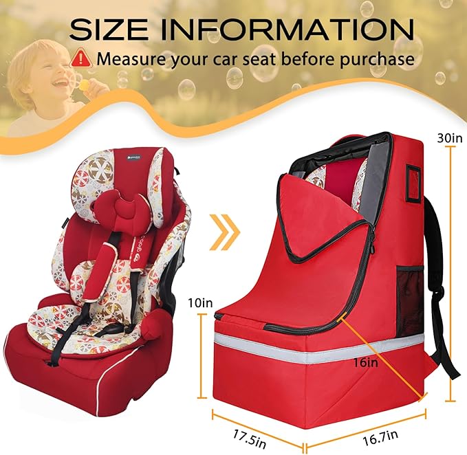Car Seat Travel Bag for Airplane,Infant Seat Travel Bag with Shoulder Strap,Padded Car Seats Backpack with Reflective Stripes,Large Carseat Carrier Bag Travel Car Seat Cover, Red-CubbioBaby