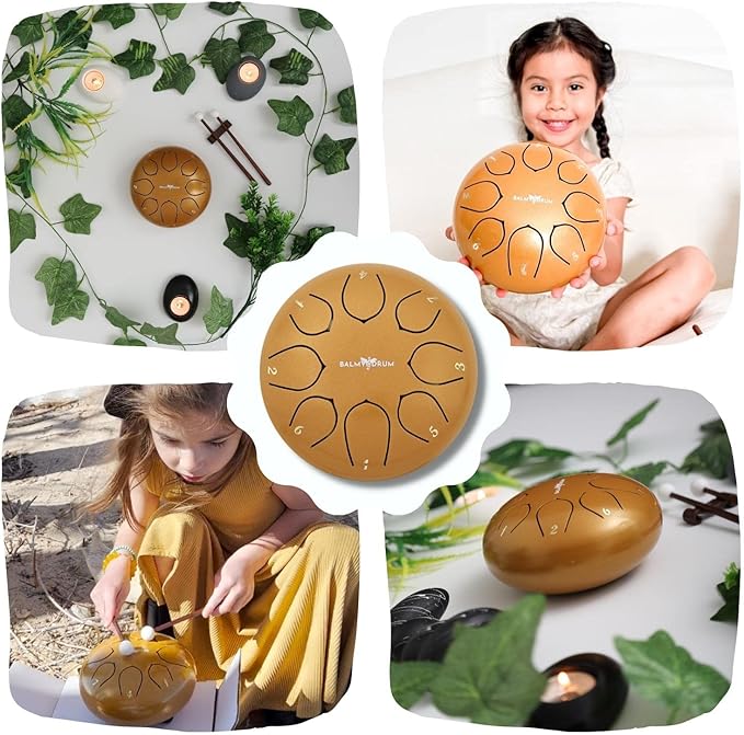 The Balmy Drum - 8 Note 6 Inch Steel Tongue Drum, Steel Drum Instrument, Drums For Children and Adults, Balmy Drum Set for Kids with Music Book, Handpan, Mallet and Carry Bag (Gold)-CubbioBaby