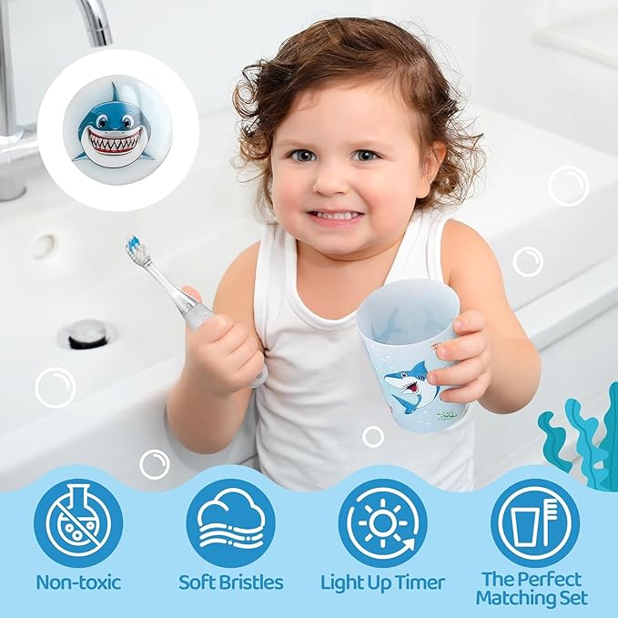 Lily's Home Kids Flashing Timer Toothbrush Kids with Soft Bristles, Rising Cup & Cover - Fun 2-Min Light-Up Brushing for Children - Toddler Toothbrush Soft Toothbrush Kit -(Shark)- Set of 2