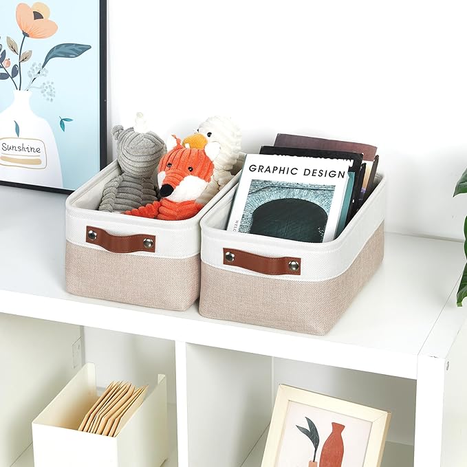 DULLEMELO Collapsible Fabric Storage Bins - Set of 2, 11.8x7.9x5.1 Inch, White & Khaki-CubbioBaby