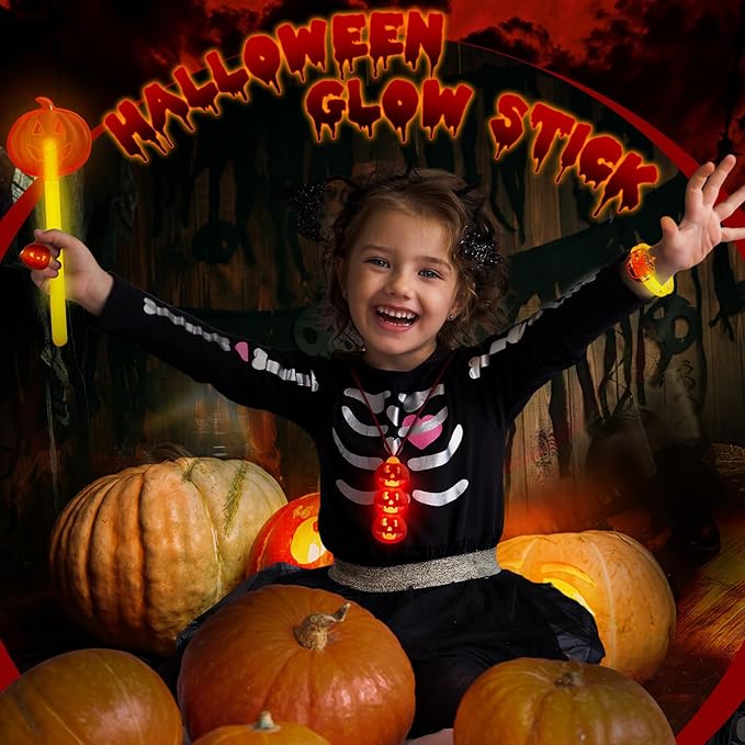 Lewtemi 32 Pcs Pumpkin Halloween Glow Sticks Set Include Bracelet Necklace Ring Wand Glow in the Dark Party Supplies Decorations Halloween Party Favors Goodie Bag Fillers Gifts for Kids Adults