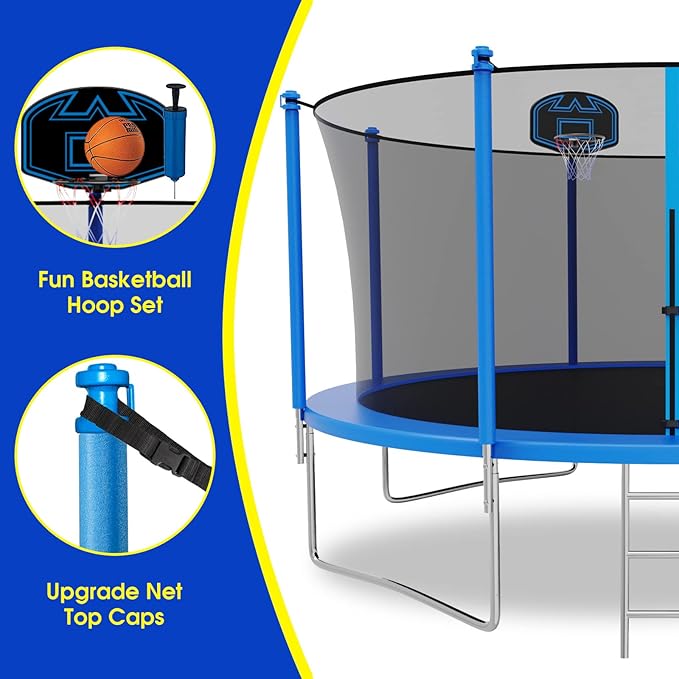 SKYUP Tranpoline 1500LBS 16 15 14 12 10 8 FT Tranpoline for 7-10 Kids and Adults, Windproof Outdoor Tranpoline with Enclosure Net, Basketball Hoop, Easy to Install & Last Long - ASTM Approved-CubbioBaby