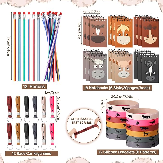 Liliful 152 Pcs Horse Themed Party Favor Supplies with Drawstring Bag Keychain Rubber Wristbands Badges Puzzle Stickers Horse Stickers Notepads Soft Pencils Simulated Horses for Horse Party Decoration