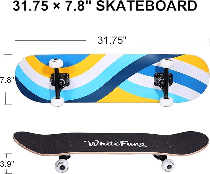 WhiteFang Skateboards for Beginners, Complete Skateboard 31 x 7.88, 7 Layer Canadian Maple Double Kick Concave Standard and Tricks Skateboards for Kids and Beginners-CubbioBaby