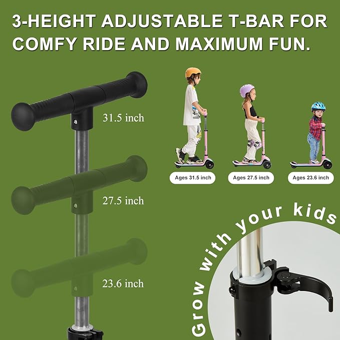 3-Wheel Light-Up Kids Scooter, 20 Different Light Patterns,Three Adjustable Heights,Lean to Steer, Balance Scooter for Ages 3-8-CubbioBaby