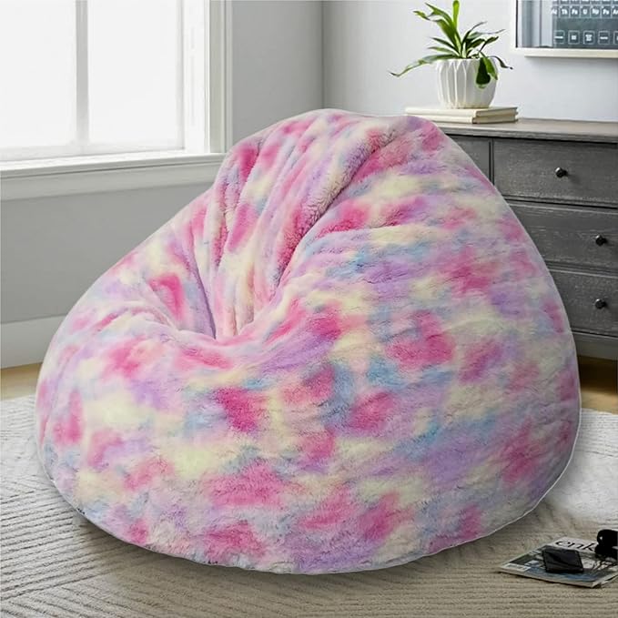 , New Tie Dye Rainbow Design Furry Bean Bag Chair. Premium And Luxurious Fur Bean Bag Without Bean Only Cover Jumbo, Multi
