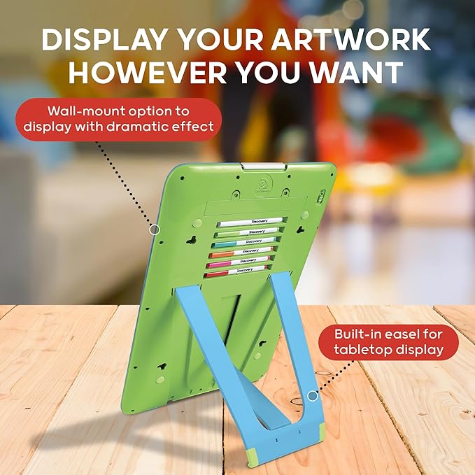 Discovery Kids Neon Glow Drawing Easel w/ 6 Color Markers, Built-in Kickstand/Wall Mount, 5 Light Modes, Easy Clean/Washable, Wide Screen, Flat Storage, Portable Travel Activity, Electronic Activity