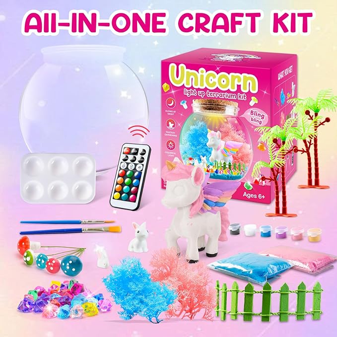 Light-Up Unicorn Terrarium Kit for Kids, Unicorn Toys, LED Night Light, Grow Plant, Paint Set, Arts & Crafts Kit for Little Girls & Boys Age,3 4 5 6 7 8 Old Girls Gifts Christmas Birthday