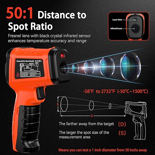 '-58°F to 2732°F Infrared Thermometer Temperature Gun with Thermocouple Probe, 50:1 Laser Temperature Gun for Humidity Measurement, BBQ, AC, High Temp Gun for Engine, Kiln, Forging, Industrial Use-CubbioBaby