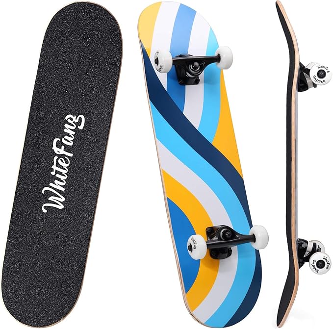 WhiteFang Skateboards for Beginners, Complete Skateboard 31 x 7.88, 7 Layer Canadian Maple Double Kick Concave Standard and Tricks Skateboards for Kids and Beginners-CubbioBaby