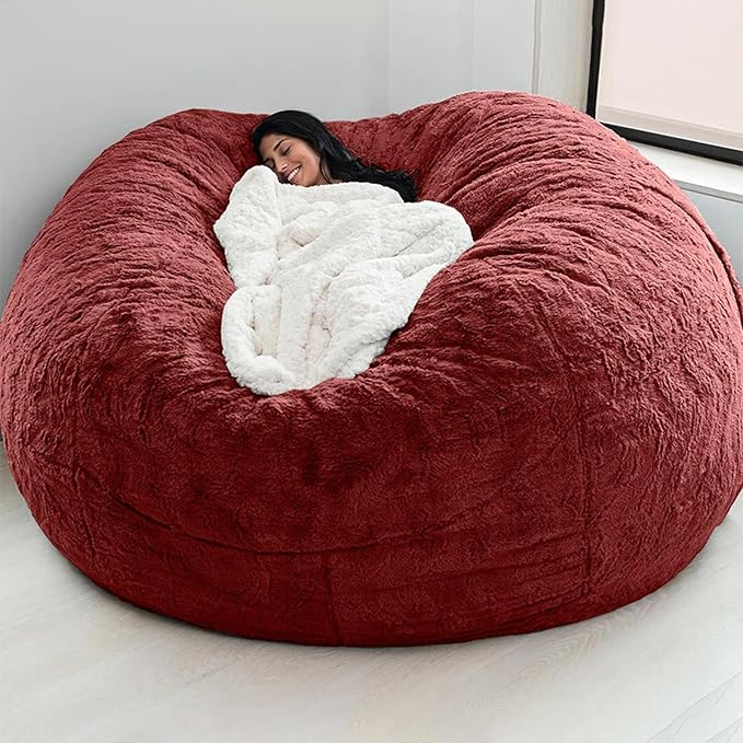 (Cover only, No Filler) Giant Fur Bean Bag Chair Cover for Kids Adults, Living Room Furniture Big Round Soft Fluffy Faux Fur Beanbag Lazy Sofa Bed Cover (Wine Red, 6FT)