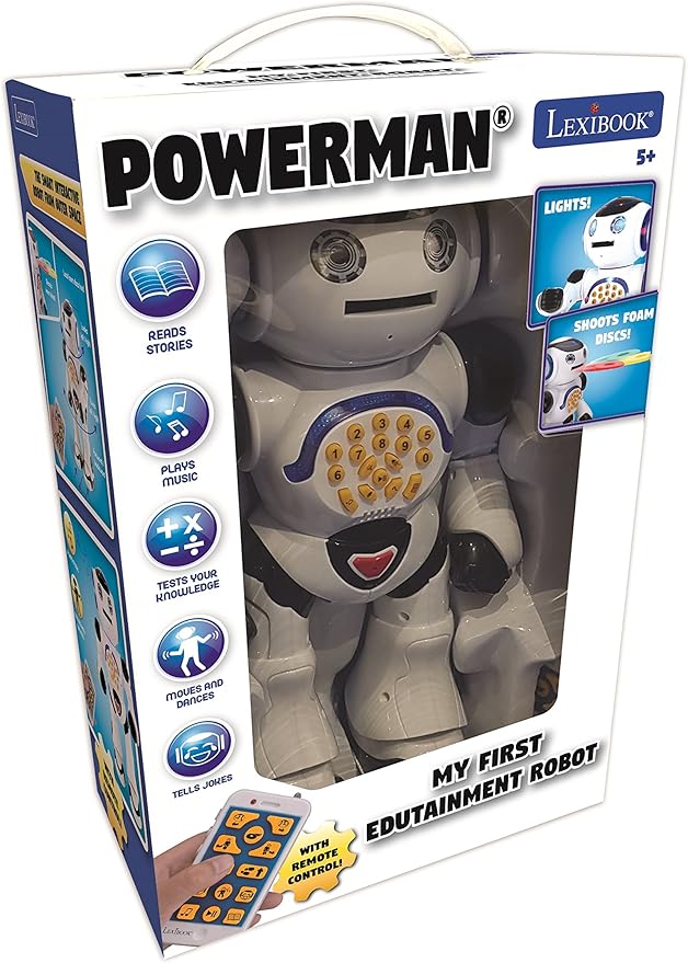 Lexibook Powerman - Remote Control Walking Talking Toy Robot, Dances, Sings, Reads Stories, Math Quiz, Shooting Discs, and Voice Mimicking, for Kids 4+ - ROB50US