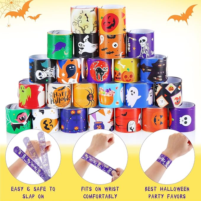 Liliful 360 Pcs Halloween Slap Bracelets Bulk for Kids Halloween Snap Bracelets Decor 24 Styles Halloween Wristbands Bags Filler Halloween Party Favor