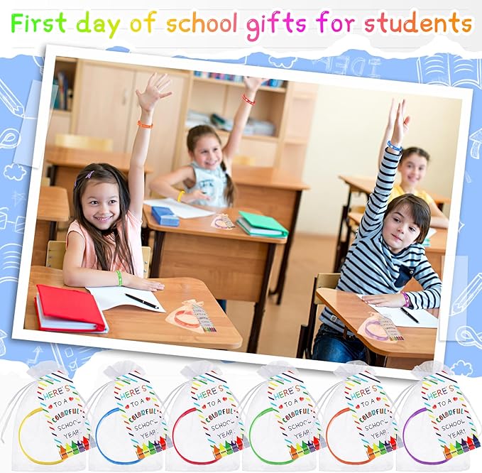 Liliful 24 Set School Rubber Bracelet Welcome Back to School Gift Set with Rubber Bracelet Organza Bags and Gift Label Tags First Day of School Classroom Gifts Goodie Bag Fillers (Light Color)