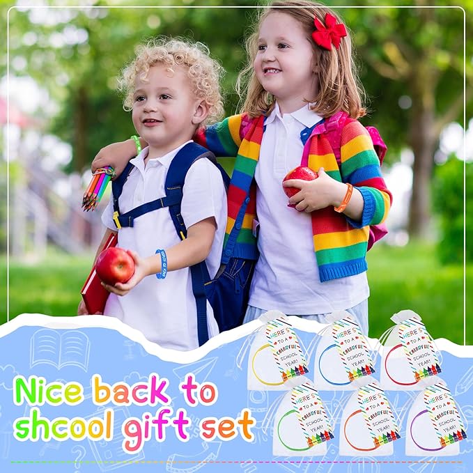 Liliful 24 Set School Rubber Bracelet Welcome Back to School Gift Set with Rubber Bracelet Organza Bags and Gift Label Tags First Day of School Classroom Gifts Goodie Bag Fillers (Light Color)