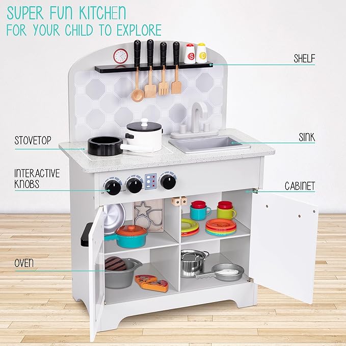 Lil' Jumbl Kids Pretend Kitchen Playset, Pretend Wooden Play Kitchen Toy, Realistic Setup, Includes Pot & Pan, 4 Utensils, Salt & Pepper Shaker, Gray