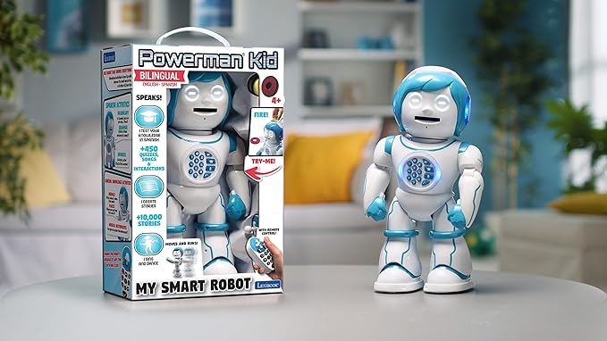 Lexibook Powerman Kid- Educational and Bilingual English/Spanish Robot - Walking Talking Dancing Toy - STEM Programmable Creating Stories - Quizzes Shooting Discs- ROB90EN
