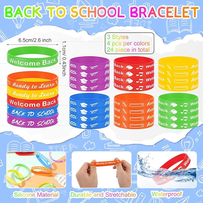 Liliful 24 Set School Rubber Bracelet Welcome Back to School Gift Set with Rubber Bracelet Organza Bags and Gift Label Tags First Day of School Classroom Gifts Goodie Bag Fillers (Light Color)