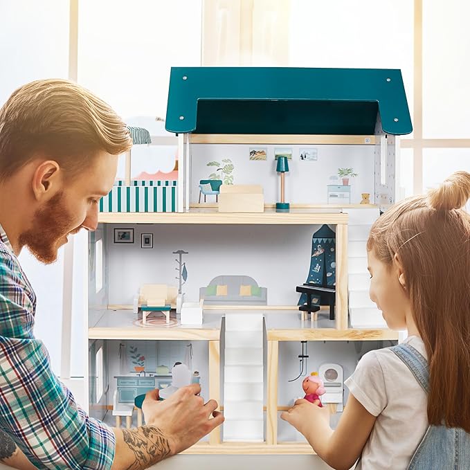 Lil' Jumbl Kids Wooden Dollhouse, 17-Piece Accessories & Furniture are Included, with Balcony & Stairs, 3 Story Easy to Assemble Doll House Toy - Green