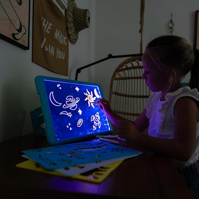 Discovery Kids Neon Glow Drawing Easel w/ 6 Color Markers, Built-in Kickstand/Wall Mount, 5 Light Modes, Easy Clean/Washable, Wide Screen, Flat Storage, Portable Travel Activity, Electronic Activity