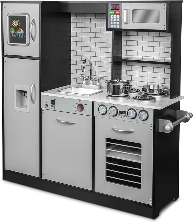 Lil' Jumbl Kids Kitchen Set, Pretend Wooden Play Kitchen, Battery Operated Icemaker & Microwave with Realistic Sound, Pots & Pan Included - Charcoal