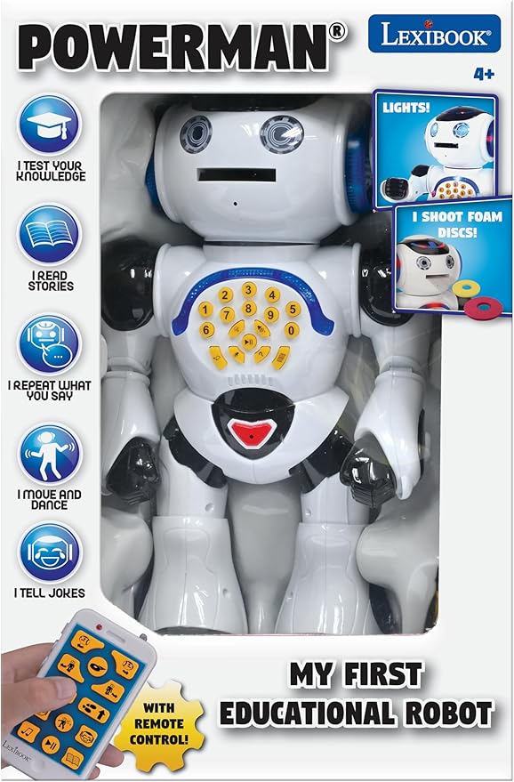 Lexibook Powerman - Remote Control Walking Talking Toy Robot, Dances, Sings, Reads Stories, Math Quiz, Shooting Discs, and Voice Mimicking, for kids 4+ - ROB50EN