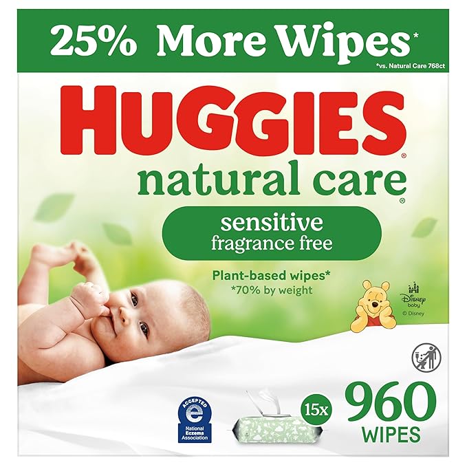 Huggies Natural Care Sensitive Baby Wipes, Unscented, Hypoallergenic, 99% Purified Water, 15 Flip-Top Packs (960 Wipes Total)-CubbioBaby