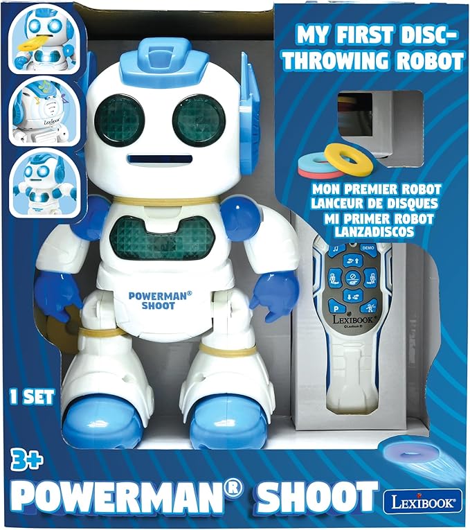LEXiBOOK, Powerman Shoot - My First Throwing-disc Robot, Programmable Remote Control Robot, Plays Music and Dances, Sound and Light Effects, 12 Foam Discs, ROB17, White/Blue