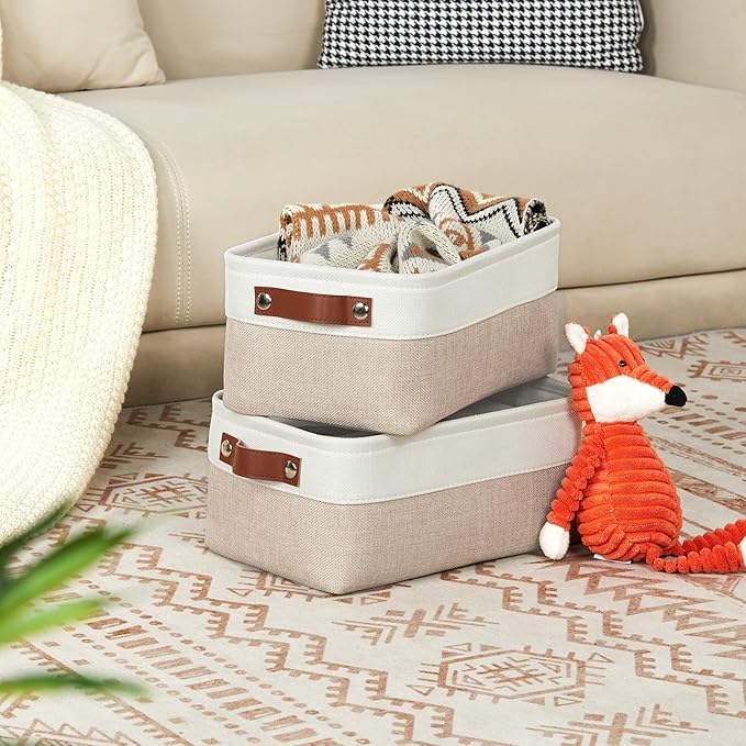 DULLEMELO Collapsible Fabric Storage Bins - Set of 2, 11.8x7.9x5.1 Inch, White & Khaki-CubbioBaby