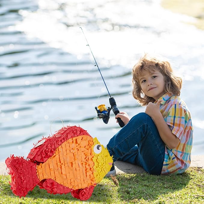 Lewtemi 16.5 in Fish Piñata and Piñata Stick with Blindfold Confetti Set Kids Pinata Fish Party Decorations Gender Reveal Piñata for Kids Baby Shower Christmas Birthday Ocean Themed Party Decorations