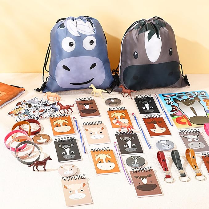Liliful 152 Pcs Horse Themed Party Favor Supplies with Drawstring Bag Keychain Rubber Wristbands Badges Puzzle Stickers Horse Stickers Notepads Soft Pencils Simulated Horses for Horse Party Decoration