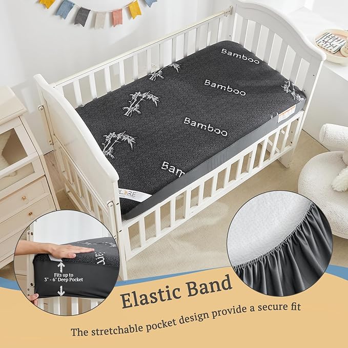 BEDLORE Waterproof Crib Mattress Protector 2 Pack, Ultra Soft Bamboo Viscose Crib Mattress Pad Cover, Noiseless Toddler Mattress Protector for Standard Baby Mattress Size 52''x28'', Dark Gray-CubbioBaby