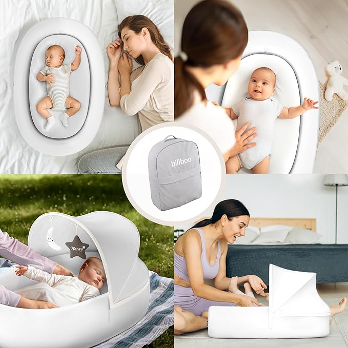 Premium Portable Baby Lounger Nest – Foldable Travel Bassinet for Newborn & Infant with Mesh Canopy, 2 Toys, Waterproof Mattress & Removable Cover – White-CubbioBaby