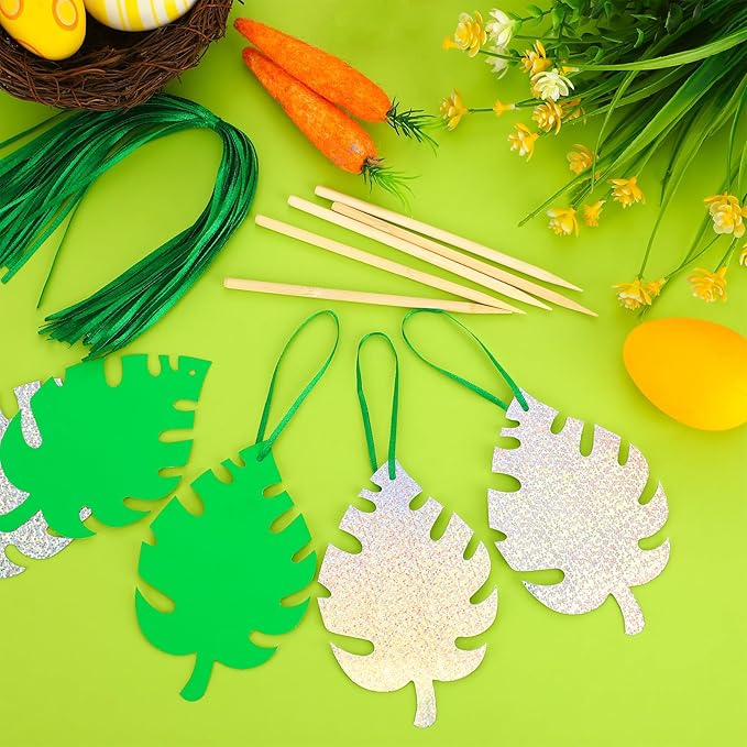 Liliful 60 Set Palm Leaf Crafts for Kids Easter Craft Kit Bulk with 30 Wooden Scratch Tools Palm Sunday Bible Craft Green Palm Leaf Hanging Craft Art Kit for Easter Party Favors