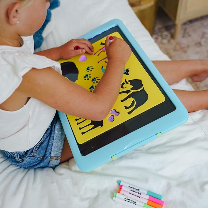Discovery Kids Neon Glow Drawing Easel w/ 6 Color Markers, Built-in Kickstand/Wall Mount, 5 Light Modes, Easy Clean/Washable, Wide Screen, Flat Storage, Portable Travel Activity, Electronic Activity
