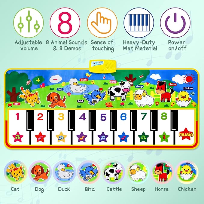 M SANMERSEN Piano Mat, 53'' x 23'' Musical Toys for Toddlers Floor Piano Touch Playmat with 8 Animal Sounds, Music Keyboard Dance Mat Toddler Toys Gifts for Boys and Girls 1 2 3 4 5 Year Old-CubbioBaby