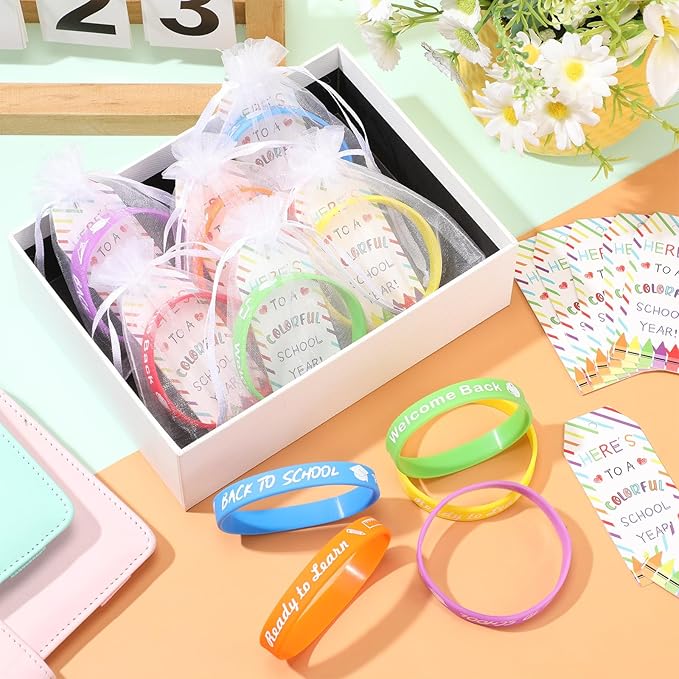 Liliful 24 Set School Rubber Bracelet Welcome Back to School Gift Set with Rubber Bracelet Organza Bags and Gift Label Tags First Day of School Classroom Gifts Goodie Bag Fillers (Light Color)