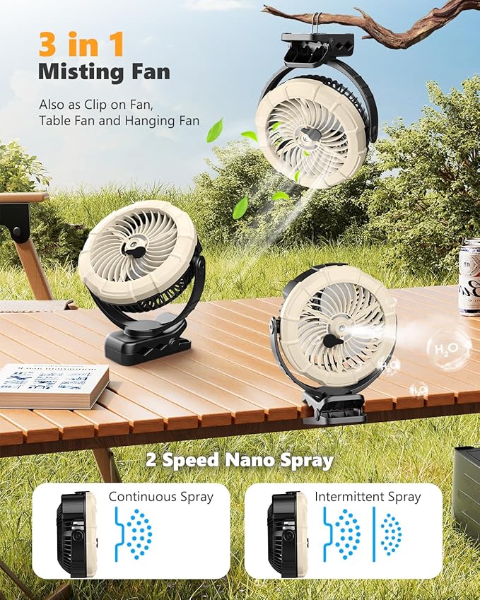 Ausic 3-in-1 Portable Clip on Fan with Misting & LED Lights & Hook, 100ML Baby Stroller Fan, 5200mAh Rechargeable Battery Operated & 360° Rotation & 3 Speeds for Table Outdoor Travel Camp Golf Cart-CubbioBaby
