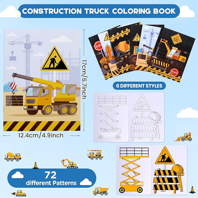 Liobelon 12 Pcs Construction Trucks Coloring Book Bulk for Boys Girls Kids, Mini Construction Vehicles Coloring Books Set, Drawing Coloring Trucks Booklets for Birthday Party Favors Gifts Art Crafts