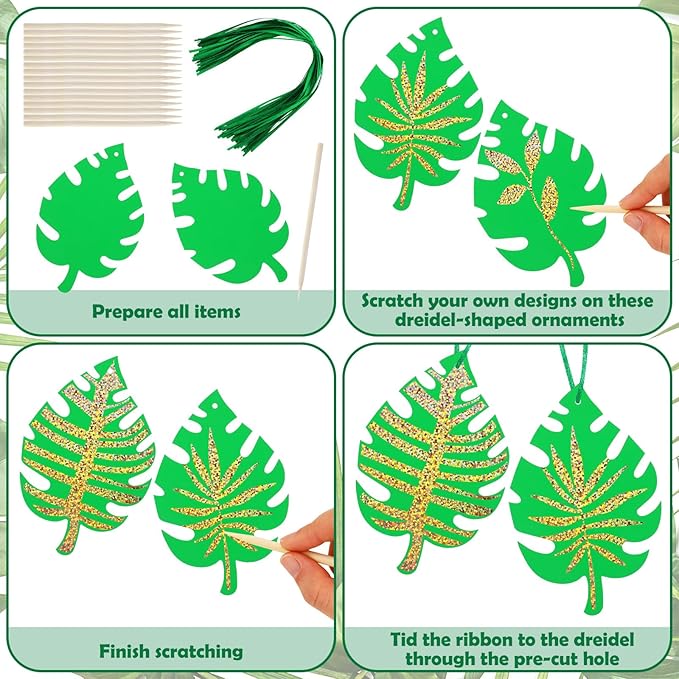Liliful 60 Set Palm Leaf Crafts for Kids Easter Craft Kit Bulk with 30 Wooden Scratch Tools Palm Sunday Bible Craft Green Palm Leaf Hanging Craft Art Kit for Easter Party Favors