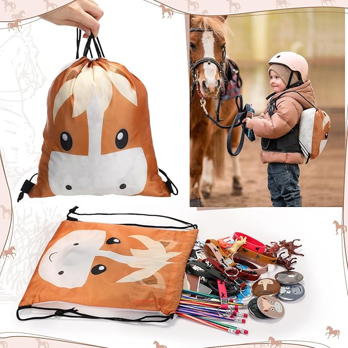 Liliful 152 Pcs Horse Themed Party Favor Supplies with Drawstring Bag Keychain Rubber Wristbands Badges Puzzle Stickers Horse Stickers Notepads Soft Pencils Simulated Horses for Horse Party Decoration