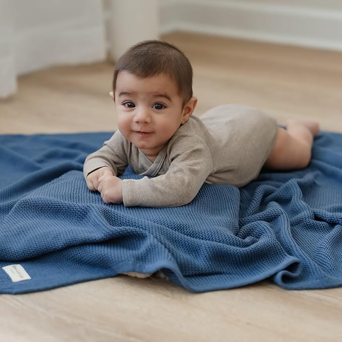 Heritage Knit Organic Cotton Receiving Swaddle Blanket for Boys - 100% Organic Soft Luxury Cotton Warm Cuddle Swaddling Crib Blanket for Newborns Infants Toddler (0-2Yrs - Denim Blue)-CubbioBaby