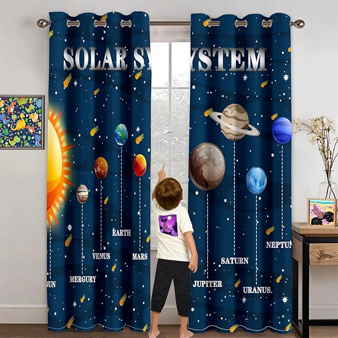 Solar System Curtain Panels - 2Pcs 95% Blackout Outer Space Curtains for Boys Bedroom Grommet Room Darkening Galaxy Planets Themed Curtains for Living Room, 82" x 84"-CubbioBaby