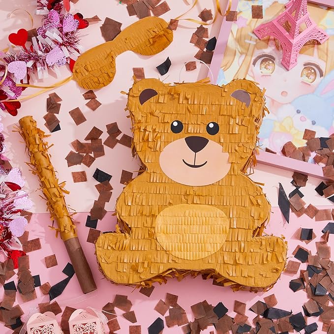 Lewtemi 14.5 Inch Bear Piñata Bear Themed Birthday Party Supplies Animal Piñata with Wood Bat Stick, Paper Blindfold and Confetti for Valentine's Day Baby Shower Party Decor Kid Adult Boy Girl