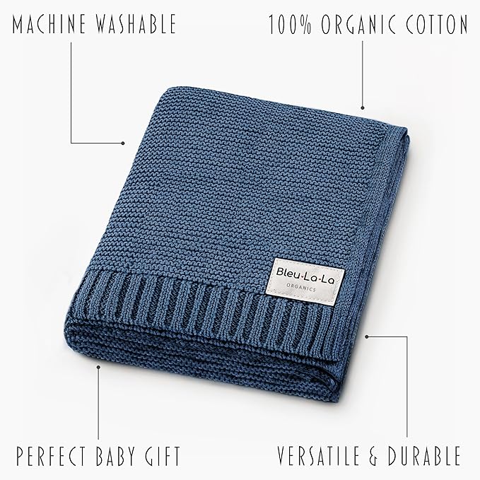 Heritage Knit Organic Cotton Receiving Swaddle Blanket for Boys - 100% Organic Soft Luxury Cotton Warm Cuddle Swaddling Crib Blanket for Newborns Infants Toddler (0-2Yrs - Denim Blue)-CubbioBaby