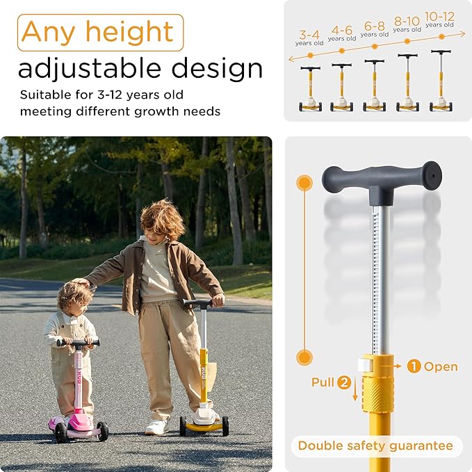 KUB Toddler Scooter for Kids Ages 2+, 3 Wheel Kick Scooter with LED Light-Up Wheels, Adjustable Height Handlebar, Lean-to-Steer, Anti-Slip Deck, Easy-Fold Design, Gift for Boys and Girls-CubbioBaby